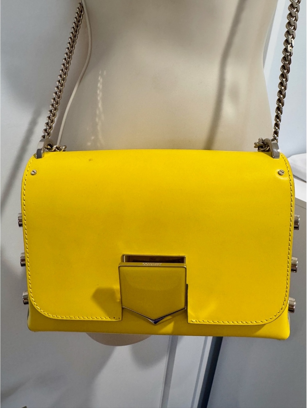 Jimmy Choo Shadow Yellow Leather Shoulder Bag with Silver Chain